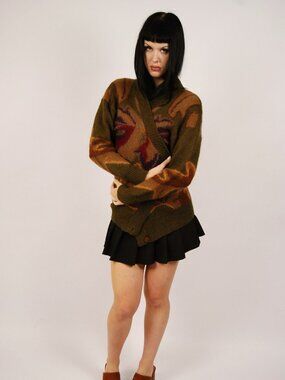 90s Mohair Wool Cardigan (L) large brown vintage womens chunky button up twee
